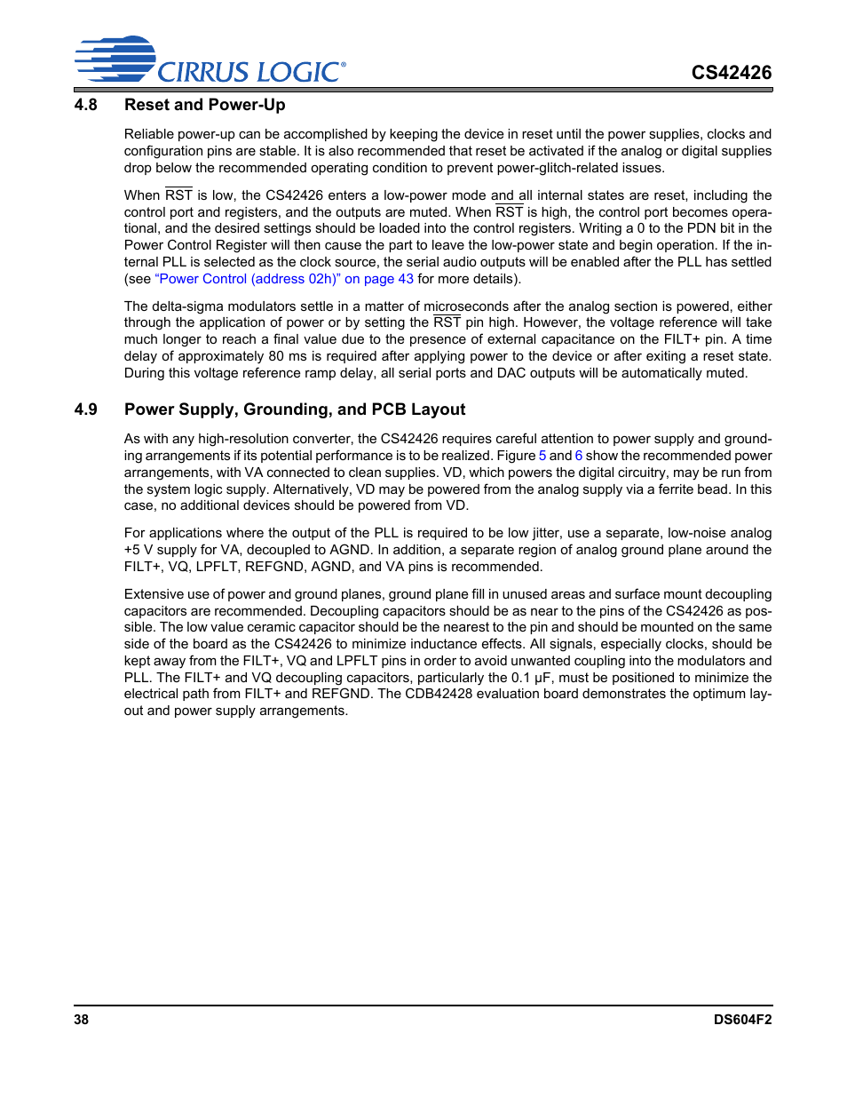 8 reset and power-up, 9 power supply, grounding, and pcb layout | Cirrus Logic CS42426 User Manual | Page 38 / 72