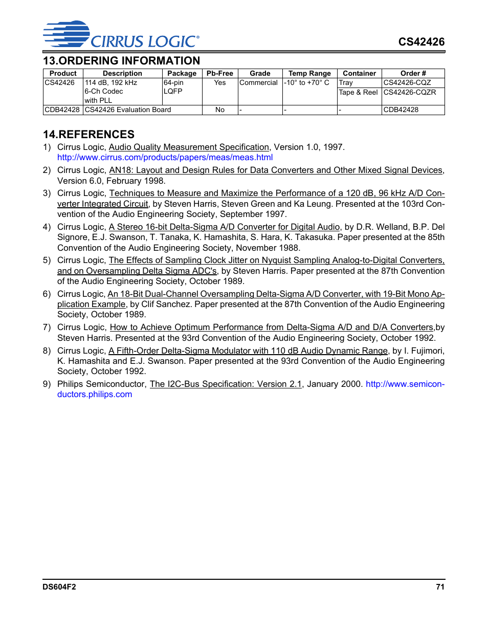Ordering information, References, Ordering information 14. references | Cirrus Logic CS42426 User Manual | Page 71 / 72