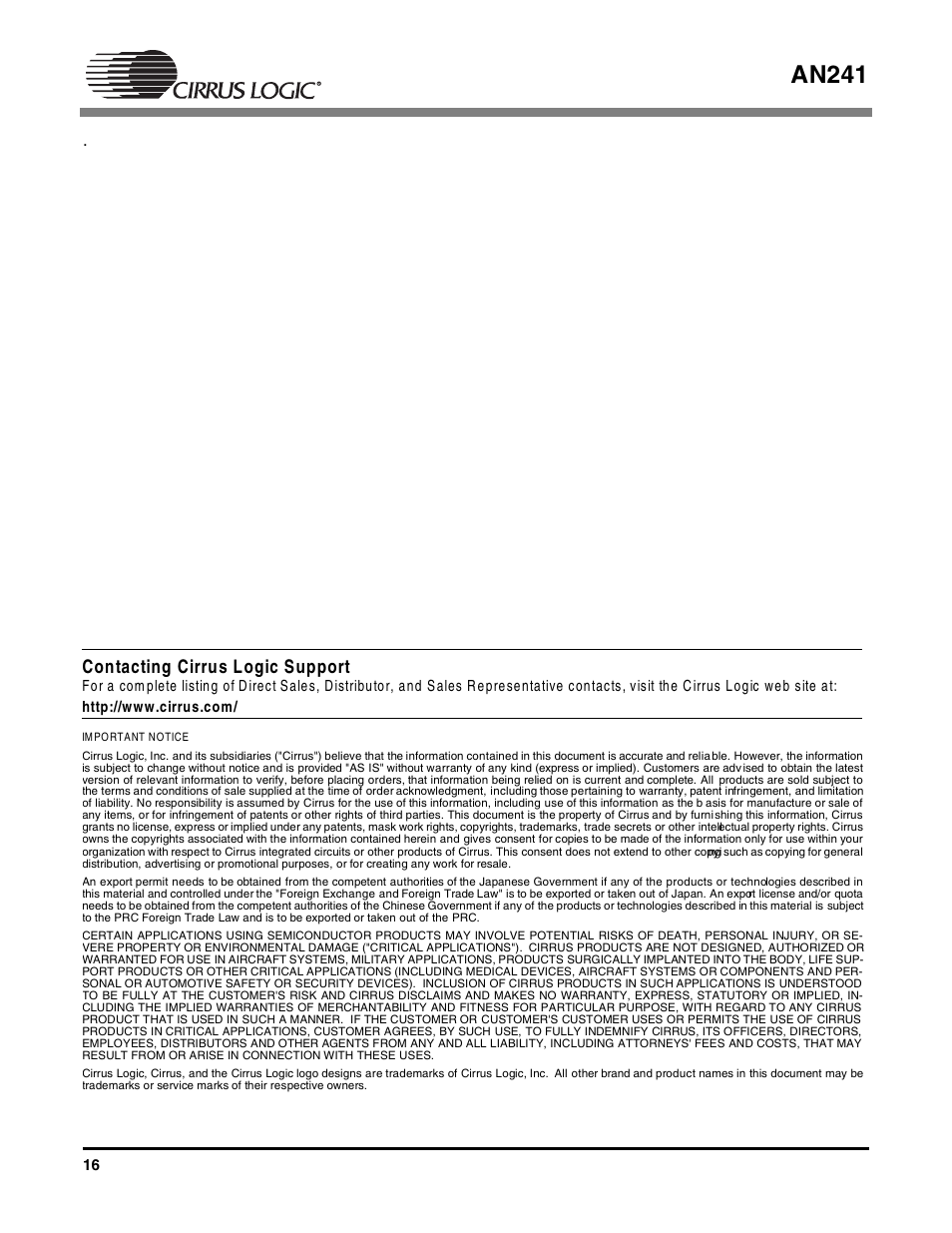 An241, Contacting cirrus logic support | Cirrus Logic AN241 User Manual | Page 16 / 16
