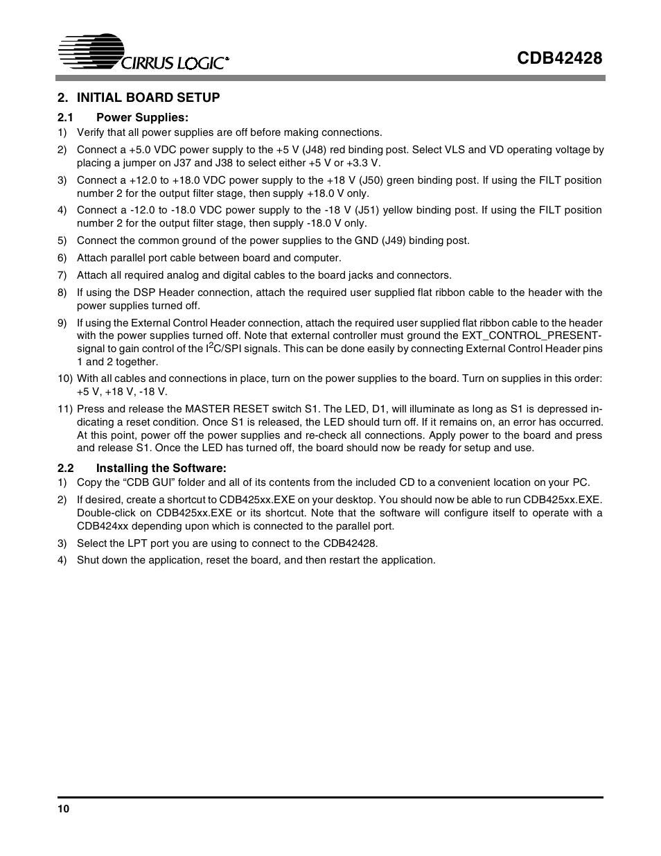 Initial board setup, 1 power supplies, 2 installing the software | 1 power supplies: 2.2 installing the software | Cirrus Logic CDB42428 User Manual | Page 10 / 32