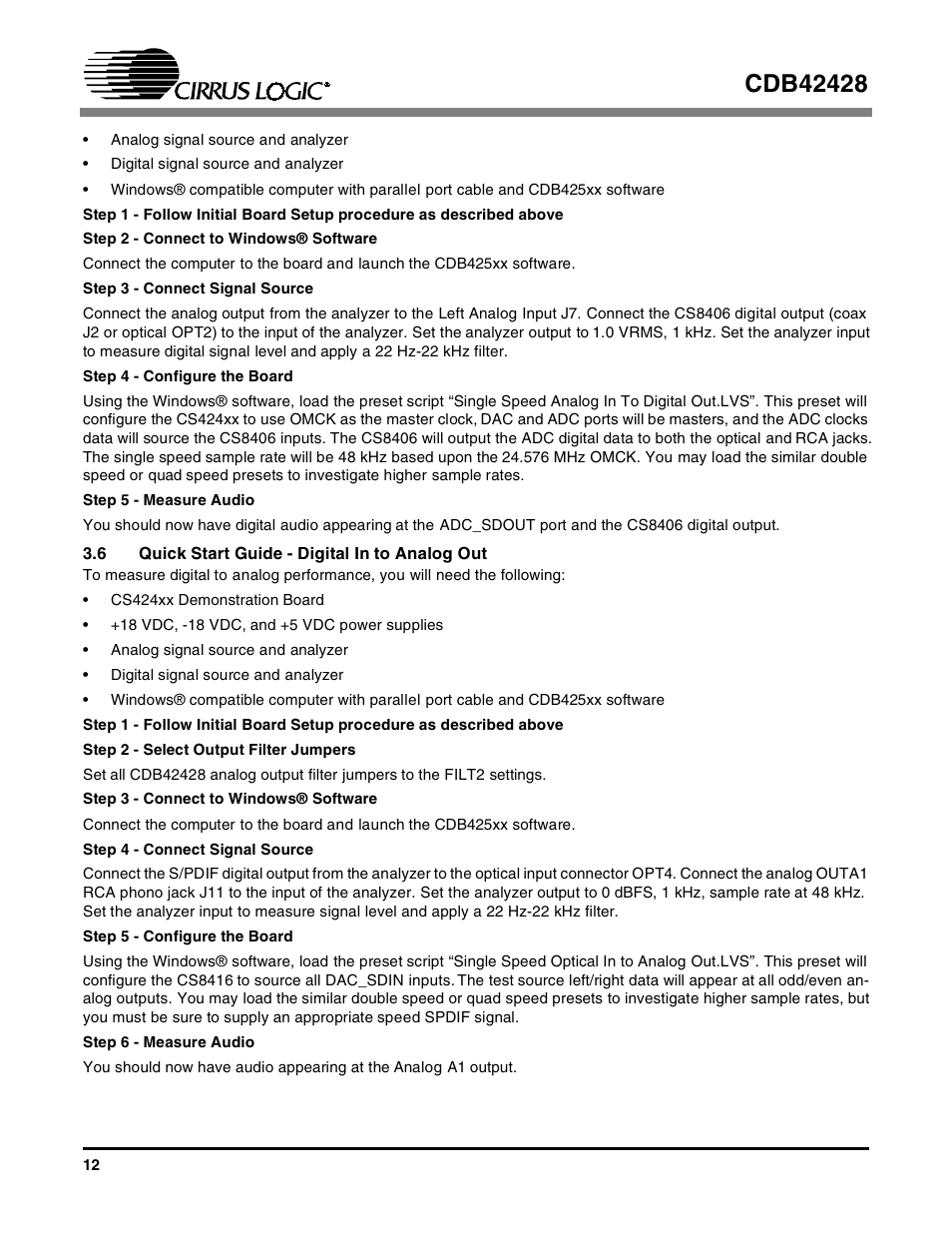 6 quick start guide - digital in to analog out | Cirrus Logic CDB42428 User Manual | Page 12 / 32