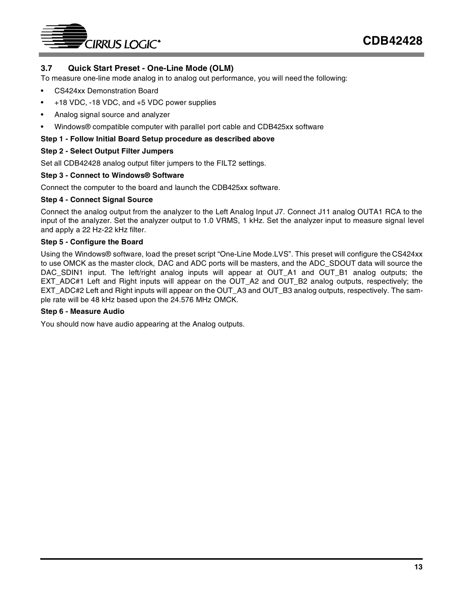 7 quick start preset - one-line mode (olm) | Cirrus Logic CDB42428 User Manual | Page 13 / 32