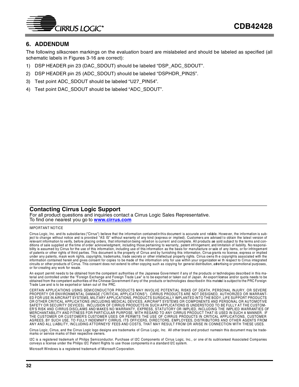 Addendum, Contacting cirrus logic support | Cirrus Logic CDB42428 User Manual | Page 32 / 32