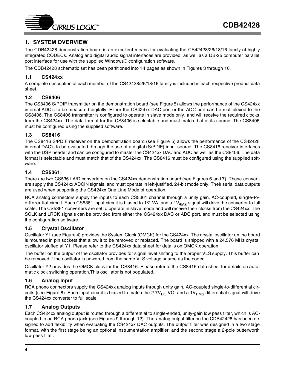 System overview, 1 cs424xx, 2 cs8406 | 3 cs8416, 4 cs5361, 5 crystal oscillator, 6 analog input, 7 analog outputs | Cirrus Logic CDB42428 User Manual | Page 4 / 32