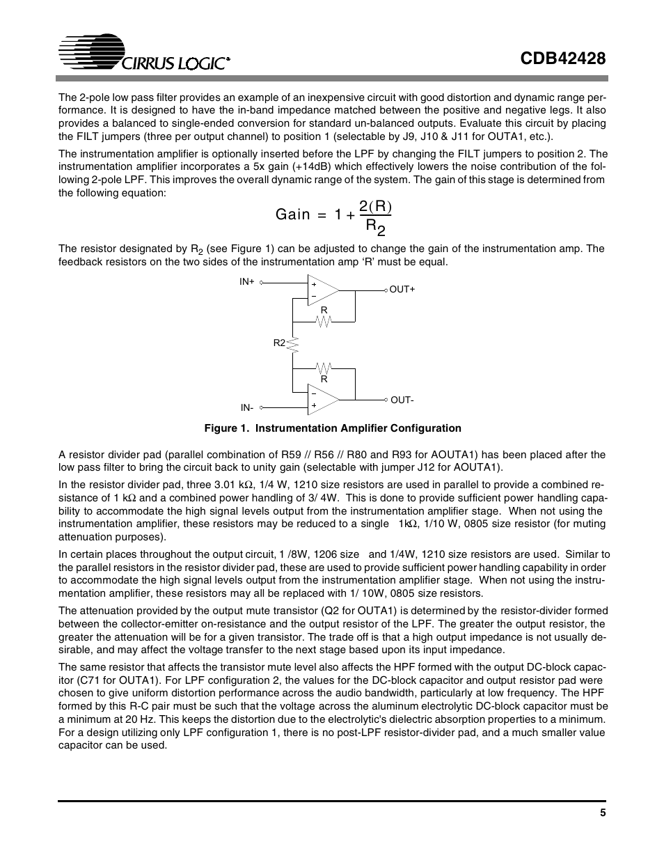 Figure 1. instrumentation amplifier configuration, Gain 1 2 r ( ) r2 | Cirrus Logic CDB42428 User Manual | Page 5 / 32