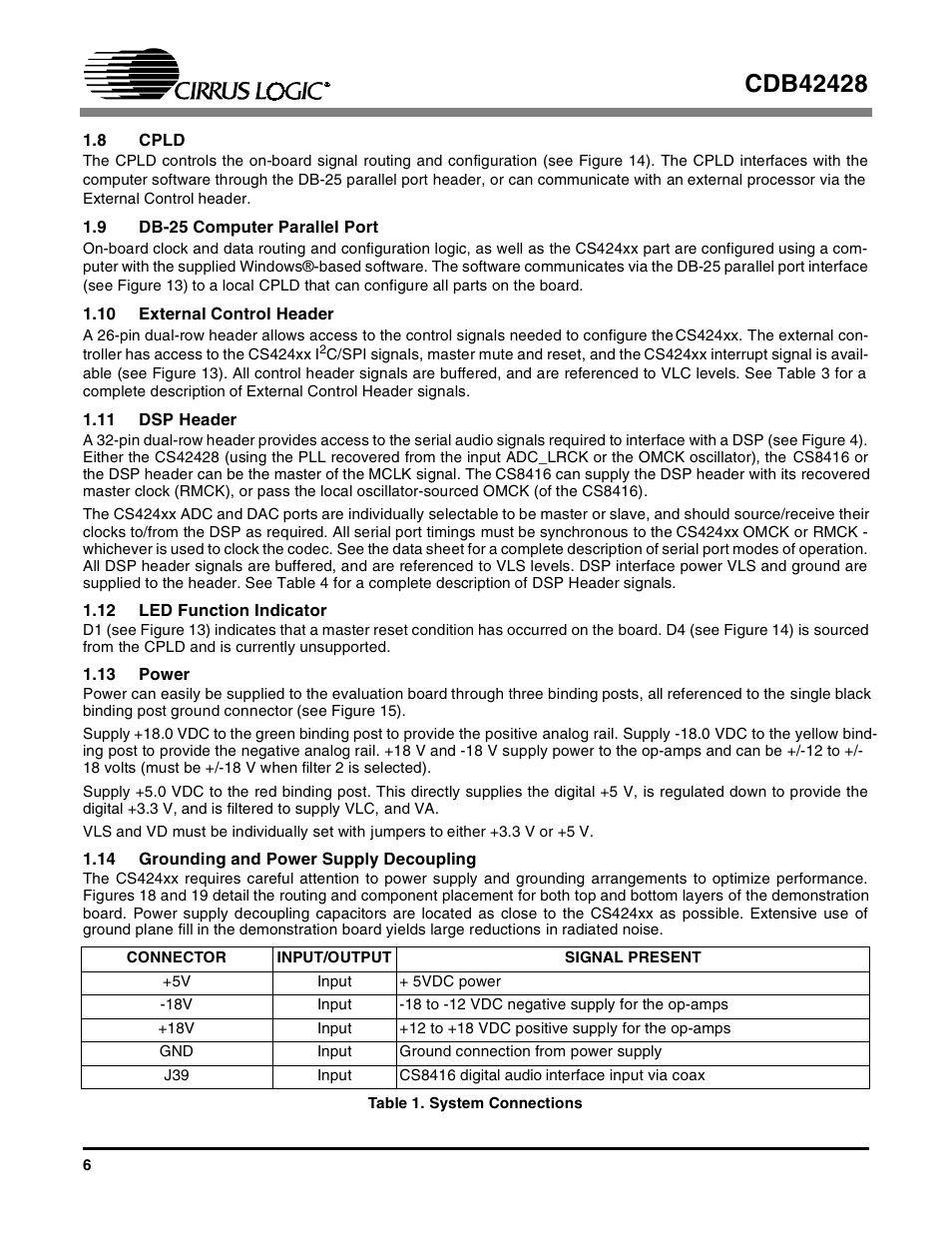 8 cpld, 9 db-25 computer parallel port, 10 external control header | 11 dsp header, 12 led function indicator, 13 power, 14 grounding and power supply decoupling, Table 1. system connections | Cirrus Logic CDB42428 User Manual | Page 6 / 32