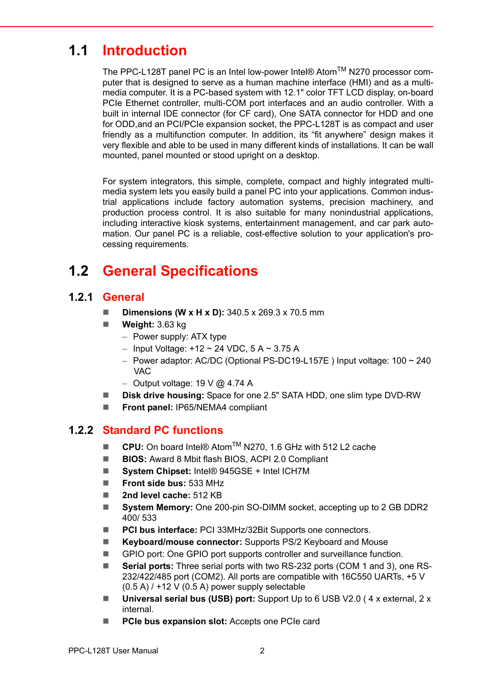 1 introduction, 2 general specifications, 1 general | 2 standard pc functions, Introduction, General specifications 1.2.1, General, Standard pc functions | Advantech PPC-L128T User Manual | Page 10 / 46