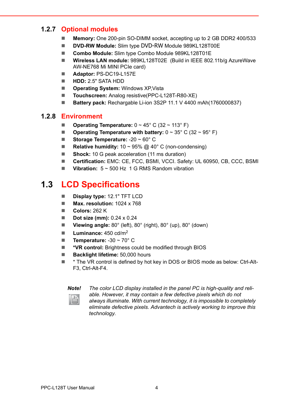 7 optional modules, 8 environment, 3 lcd specifications | Optional modules, Environment, Lcd specifications | Advantech PPC-L128T User Manual | Page 12 / 46