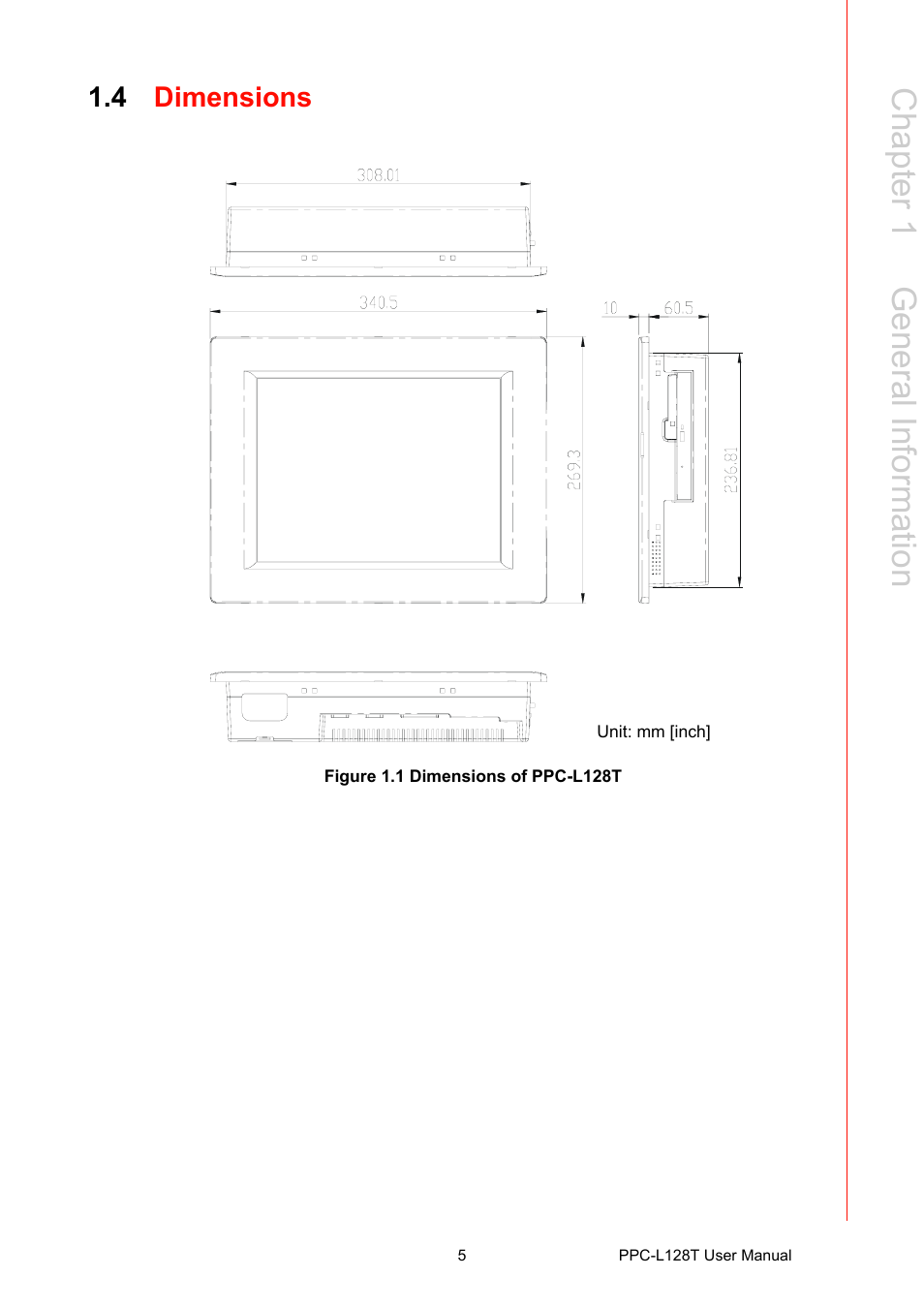 4 dimensions, Figure 1.1 dimensions of ppc-l128t, Dimensions | Chapter 1 g eneral information | Advantech PPC-L128T User Manual | Page 13 / 46