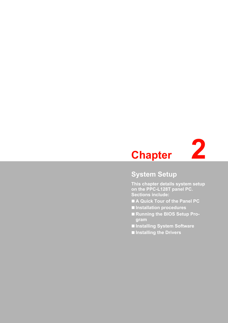 2 system setup, Chapter | Advantech PPC-L128T User Manual | Page 15 / 46