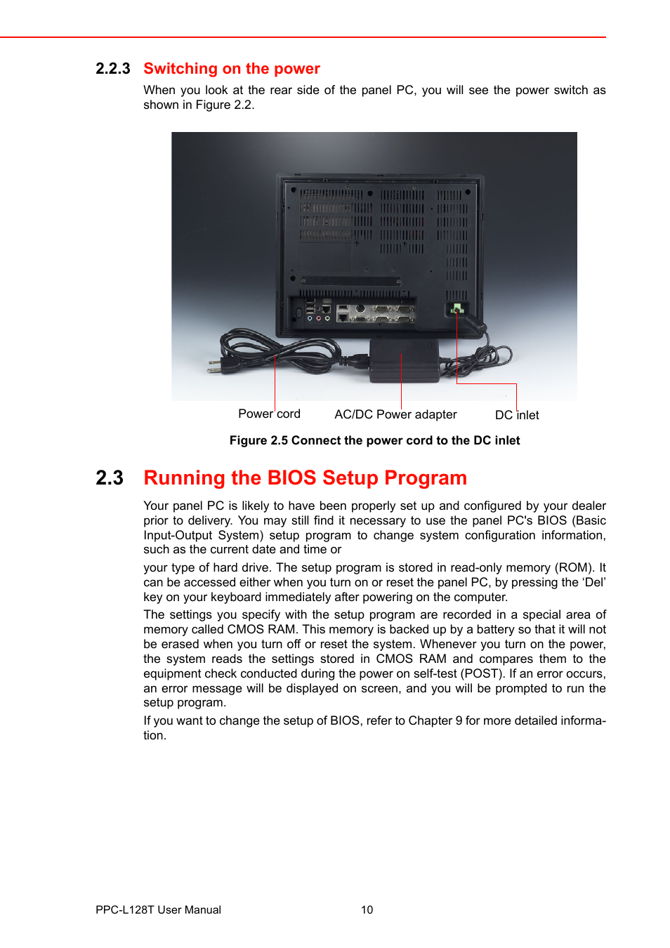3 switching on the power, Figure 2.5 connect the power cord to the dc inlet, 3 running the bios setup program | Running the bios setup program | Advantech PPC-L128T User Manual | Page 18 / 46