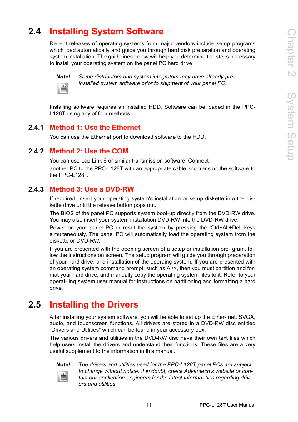 4 installing system software, 1 method 1: use the ethernet, 2 method 2: use the com | 3 method 3: use a dvd-rw, 5 installing the drivers, Installing system software 2.4.1, Method 1: use the ethernet, Method 2: use the com, Method 3: use a dvd-rw, Installing the drivers | Advantech PPC-L128T User Manual | Page 19 / 46