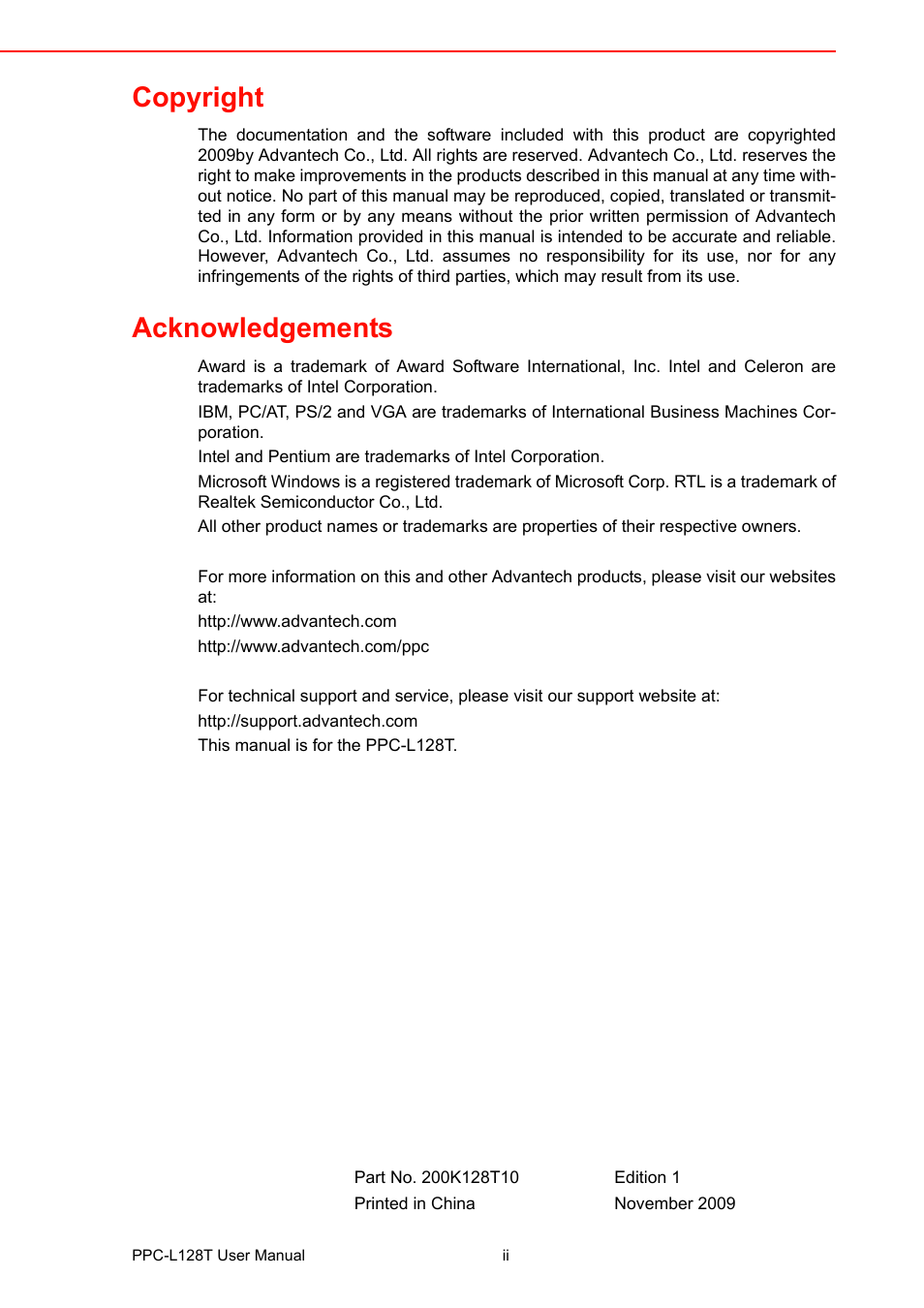 Copyright, Acknowledgements | Advantech PPC-L128T User Manual | Page 2 / 46