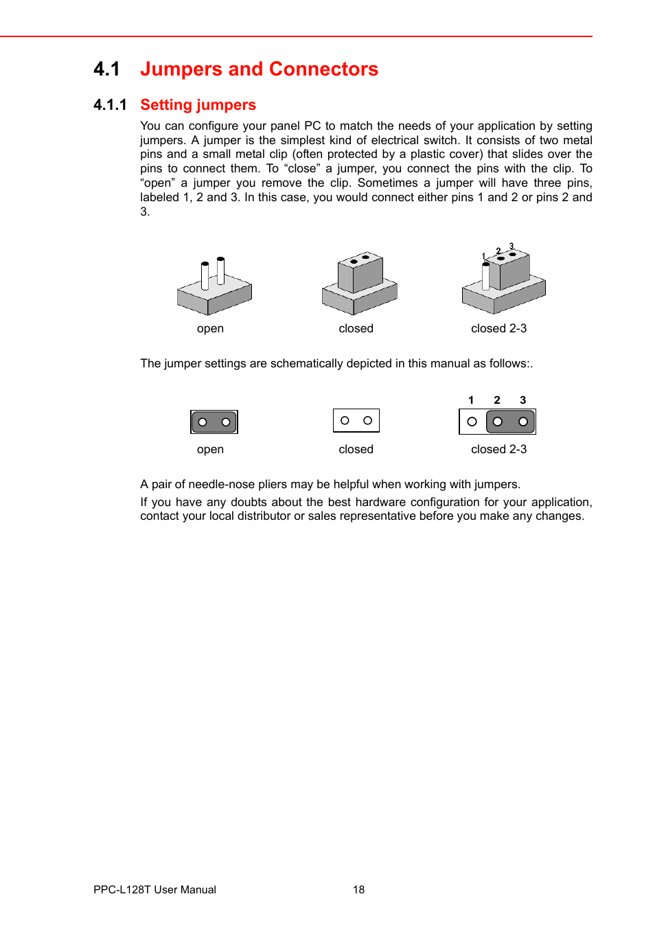 1 jumpers and connectors, 1 setting jumpers, Jumpers and connectors 4.1.1 | Setting jumpers | Advantech PPC-L128T User Manual | Page 26 / 46