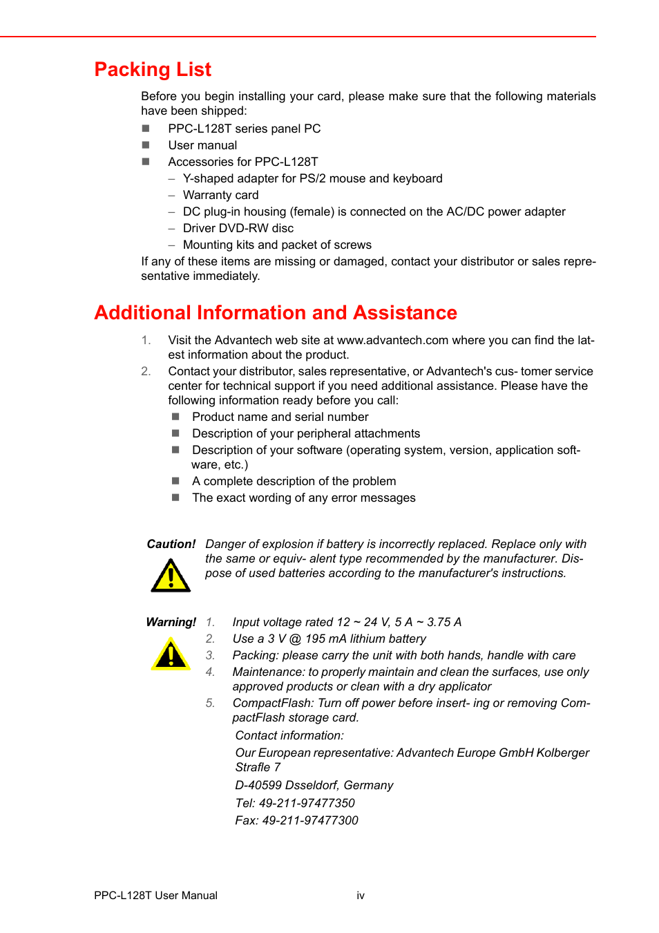 Packing list, Additional information and assistance | Advantech PPC-L128T User Manual | Page 4 / 46