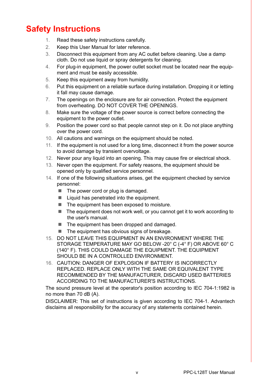 Safety instructions | Advantech PPC-L128T User Manual | Page 5 / 46