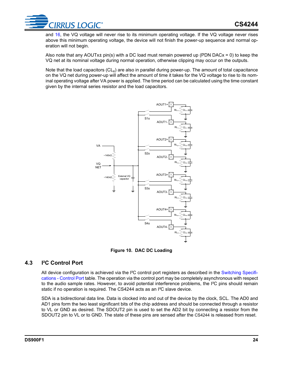 3 i·c control port, 3 i²c control port, Figure 10. dac dc loading | Section 4.3 i²c control port, Section 4.3, Figure 10, Cs4244, Is released from reset | Cirrus Logic CS4244 User Manual | Page 24 / 63