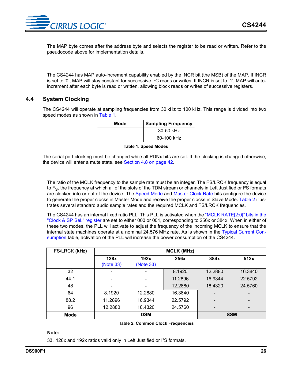 1 memory address pointer (map), 4 system clocking, 1 master clock | Cs4244 | Cirrus Logic CS4244 User Manual | Page 26 / 63