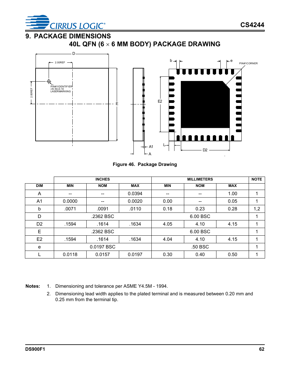Package dimensions, Figure 46. package drawing, 40l qfn (6  6 mm body) package drawing | Cirrus Logic CS4244 User Manual | Page 62 / 63