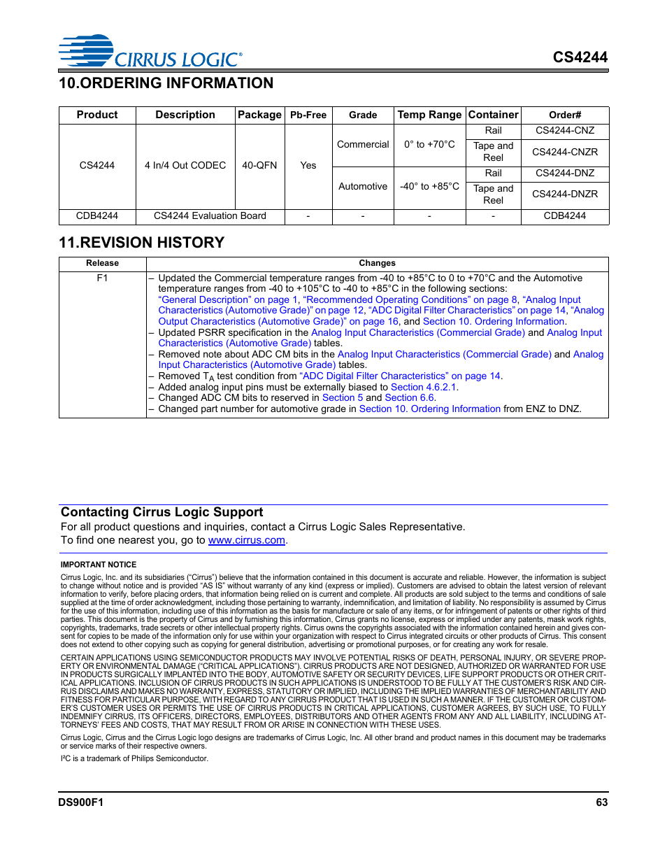 Ordering information, Revision history, Ordering | Ordering information 11. revision history, Contacting cirrus logic support | Cirrus Logic CS4244 User Manual | Page 63 / 63