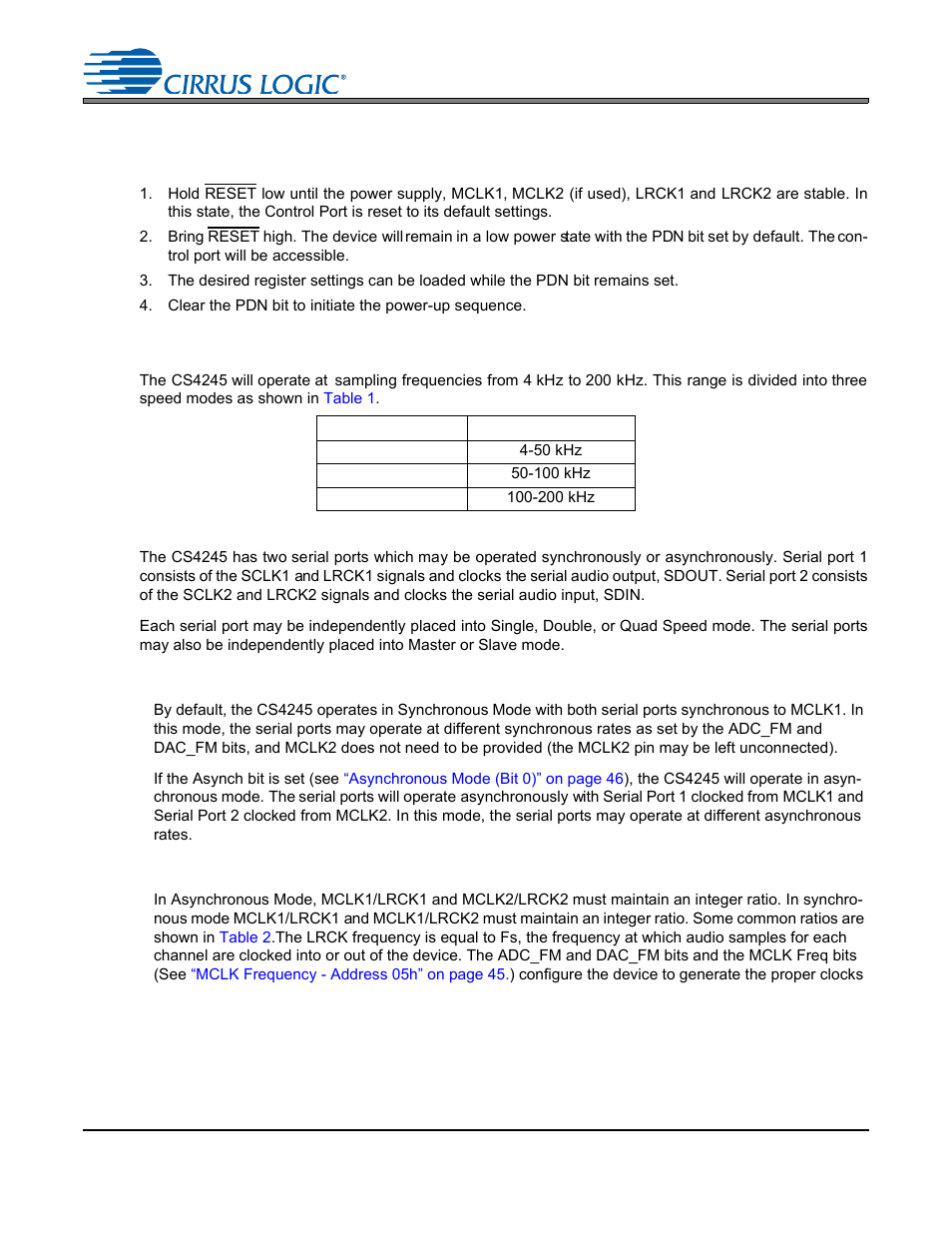Applications, 1 recommended power-up sequence, 2 system clocking | Table 1. speed modes, 1 synchronous / asynchronous mode, 2 master clock | Cirrus Logic CS4245 User Manual | Page 30 / 59