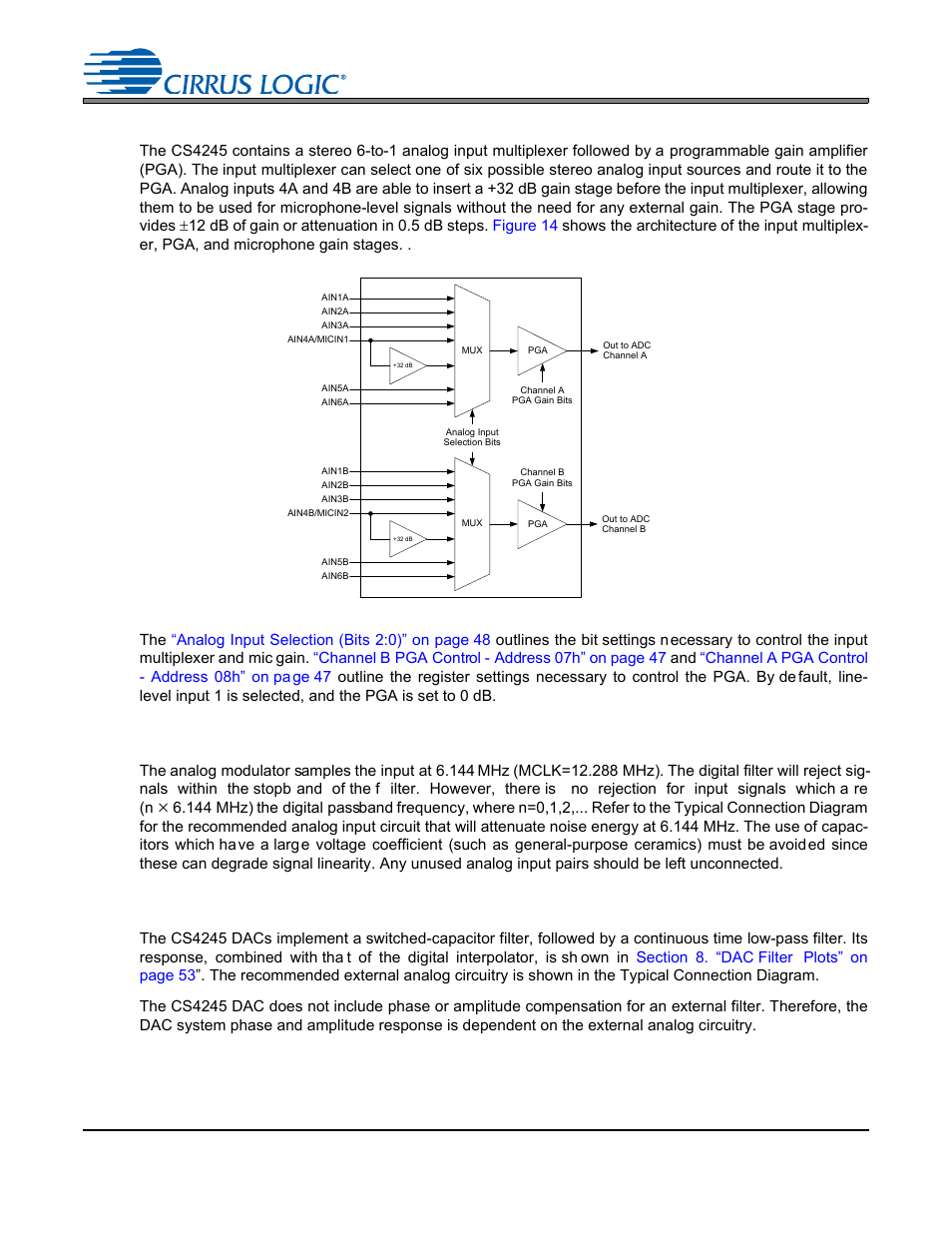 4 analog input multiplexer, pga, and mic gain, Figure 14. analog input architecture, 5 input connections | 6 output connections, Figure 14.analog input architecture, Cs4245 | Cirrus Logic CS4245 User Manual | Page 34 / 59