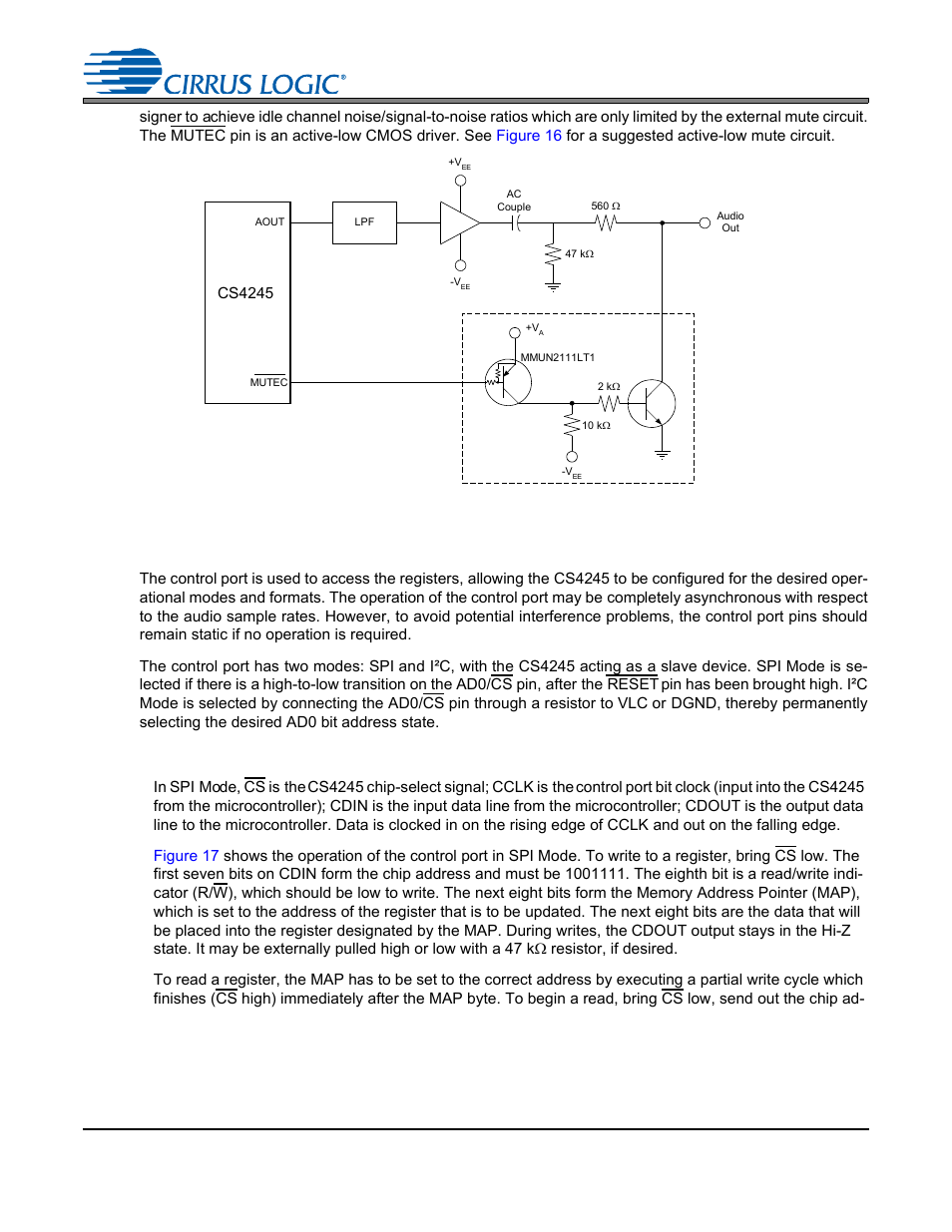 Figure 16. suggested active-low mute circuit, 12 control port description and timing, 1 spi mode | Figure 16.suggested active-low mute circuit, Cs4245 | Cirrus Logic CS4245 User Manual | Page 37 / 59