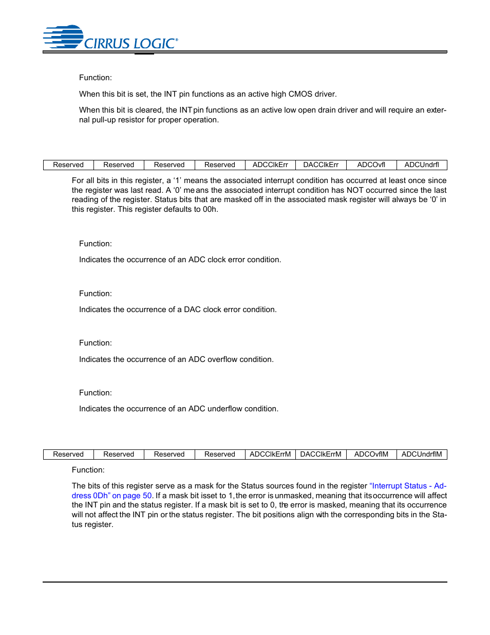 3 active high/low (bit 0), 13 interrupt status - address 0dh, 1 adc clock error (bit 3) | 2 dac clock error (bit 2), 3 adc overflow (bit 1), 4 adc underflow (bit 0), 14 interrupt mask - address 0eh, Interrupt, Cs4245 | Cirrus Logic CS4245 User Manual | Page 50 / 59