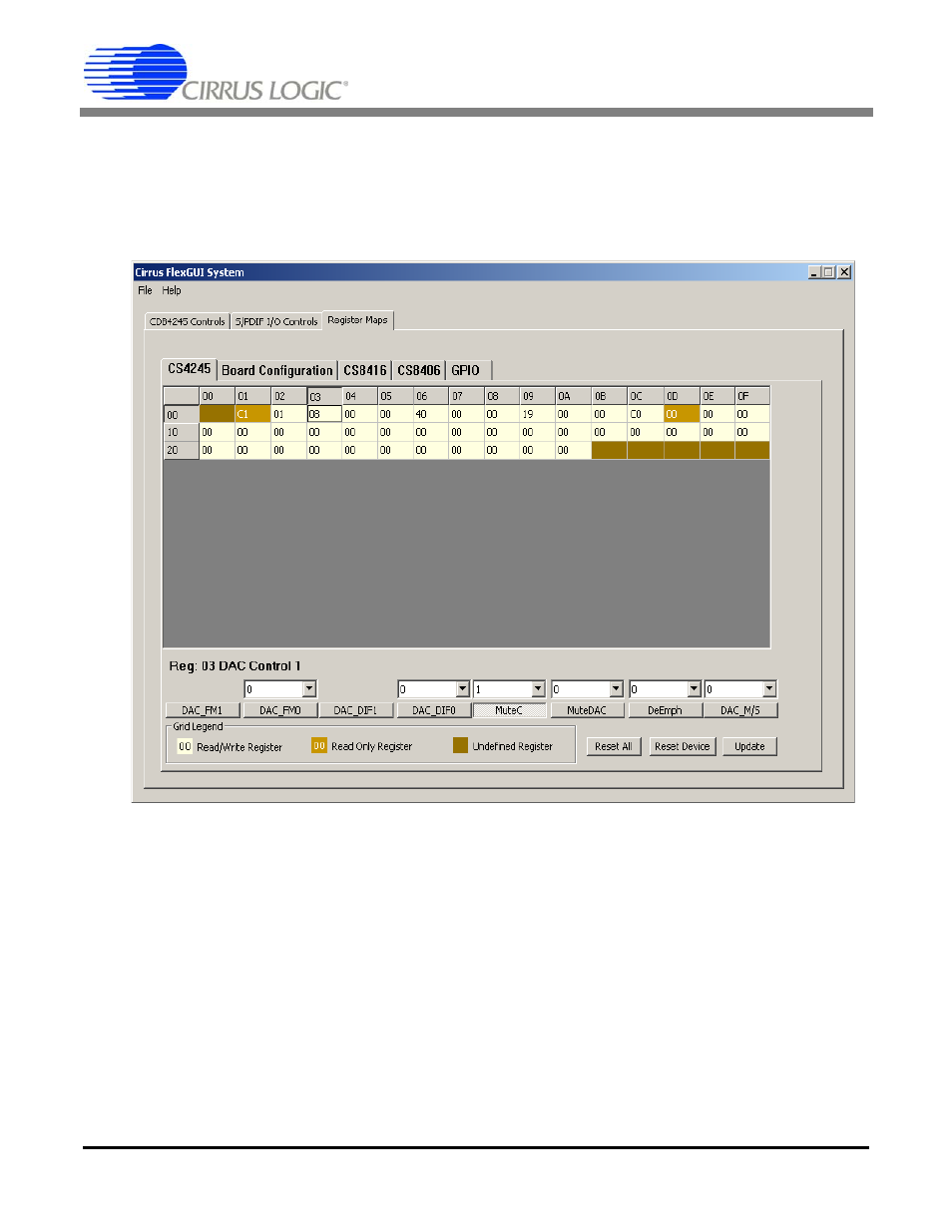 3 register maps tab, Figure 3. register maps tab, 4 pre-configured script files | 1 oscillator clock - adc ch 1 to dac & spdif out, Cdb4245 | Cirrus Logic CDB4245 User Manual | Page 9 / 29