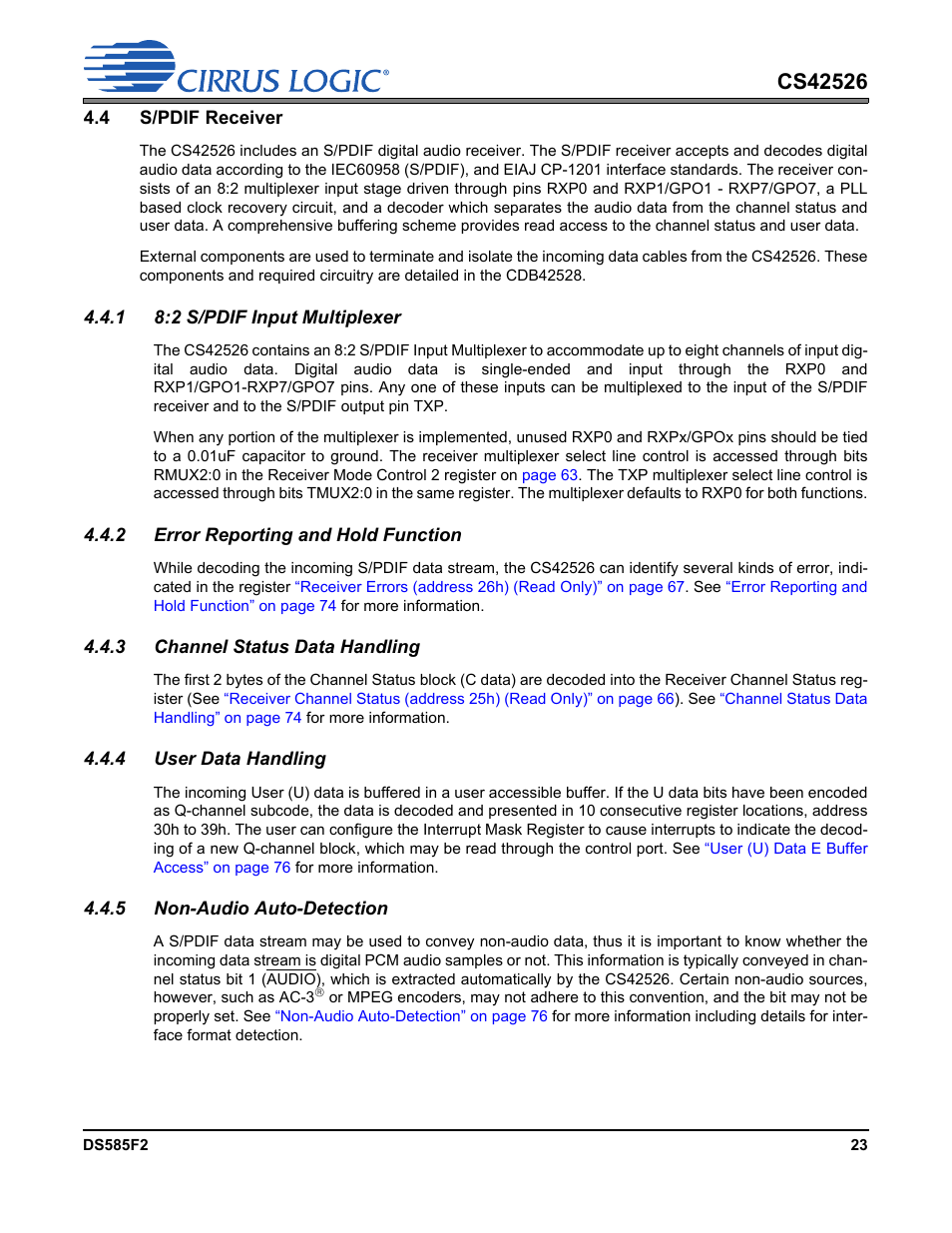 4 s/pdif receiver, 1 8:2 s/pdif input multiplexer, 2 error reporting and hold function | 3 channel status data handling, 4 user data handling, 5 non-audio auto-detection | Cirrus Logic CS42526 User Manual | Page 23 / 91