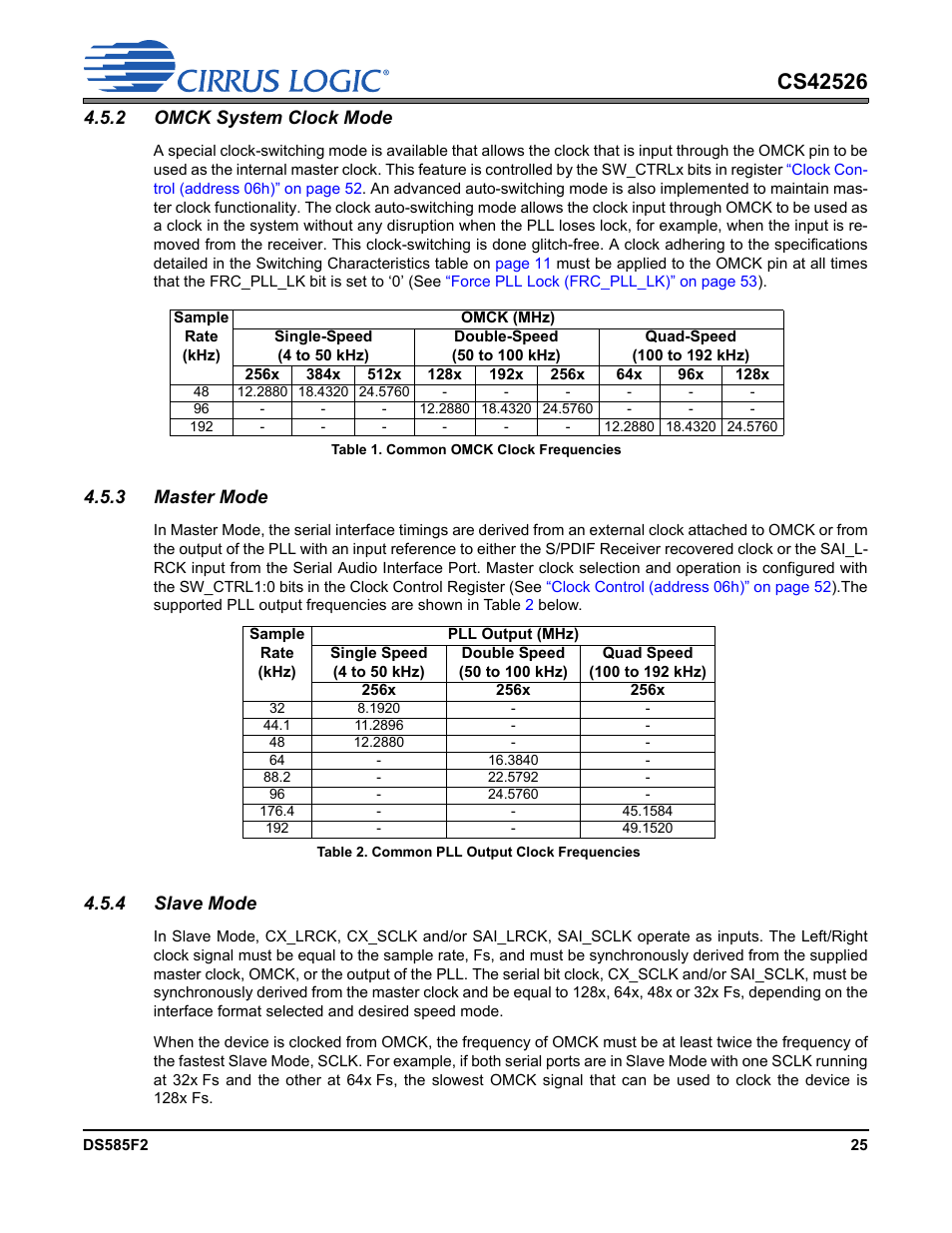 2 omck system clock mode, Table 1. common omck clock frequencies, 3 master mode | Table 2. common pll output clock frequencies, 4 slave mode, Table 2 | Cirrus Logic CS42526 User Manual | Page 25 / 91