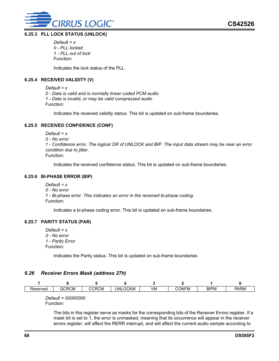 26 receiver errors mask (address 27h) | Cirrus Logic CS42526 User Manual | Page 68 / 91