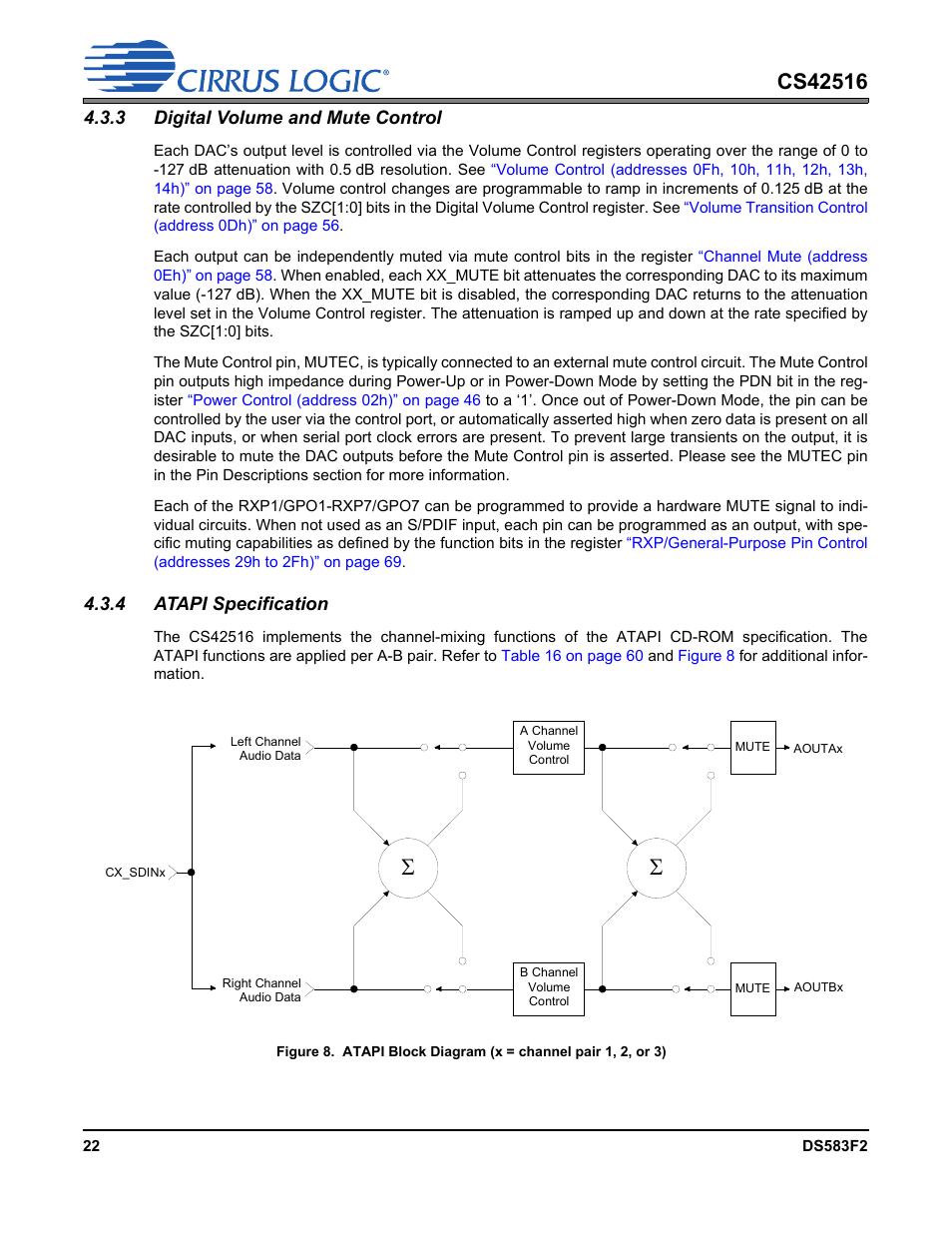 3 digital volume and mute control, 4 atapi specification | Cirrus Logic CS42516 User Manual | Page 22 / 92