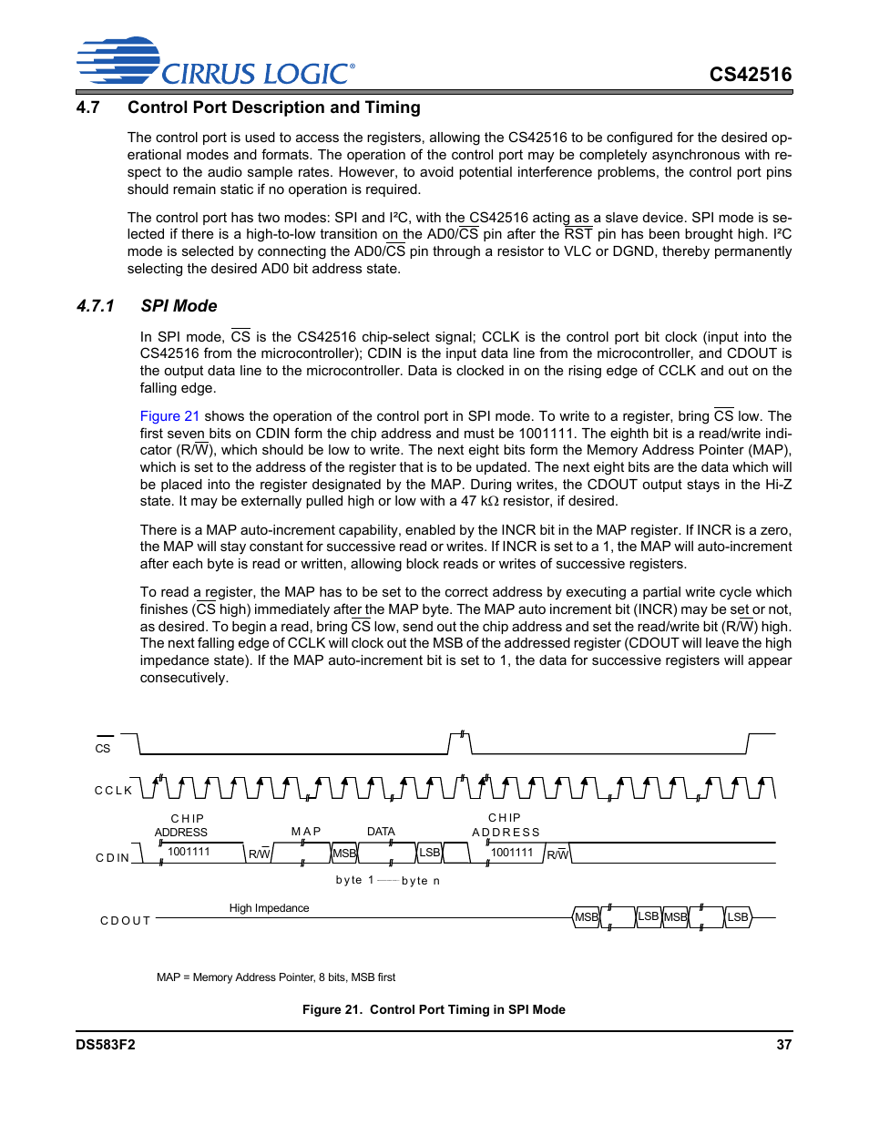 7 control port description and timing, 1 spi mode, Figure 21. control port timing in spi mode | Cirrus Logic CS42516 User Manual | Page 37 / 92