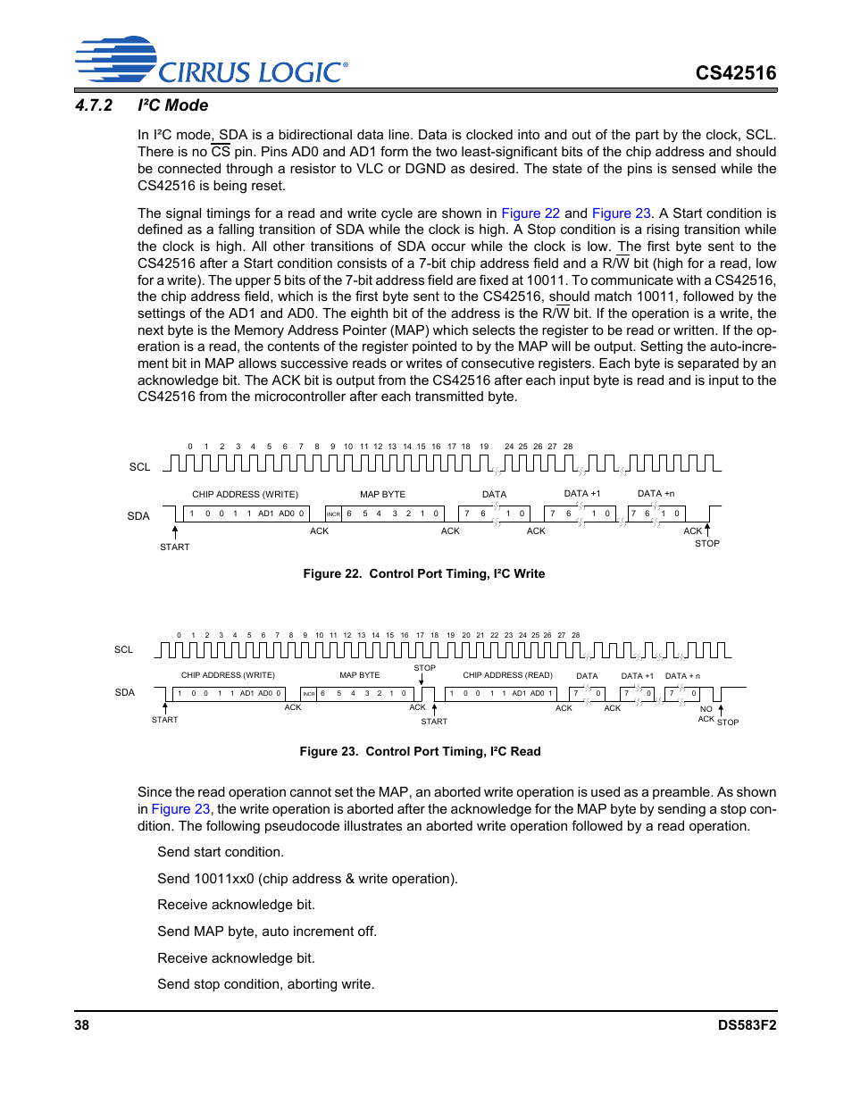 2 i²c mode, Figure 22. control port timing, i²c write, Figure 23. control port timing, i²c read | Cirrus Logic CS42516 User Manual | Page 38 / 92
