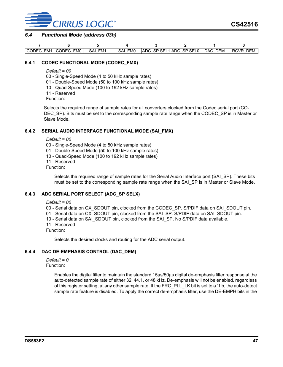 4 functional mode (address 03h), Single, Functional mode (address 03h) | Cirrus Logic CS42516 User Manual | Page 47 / 92