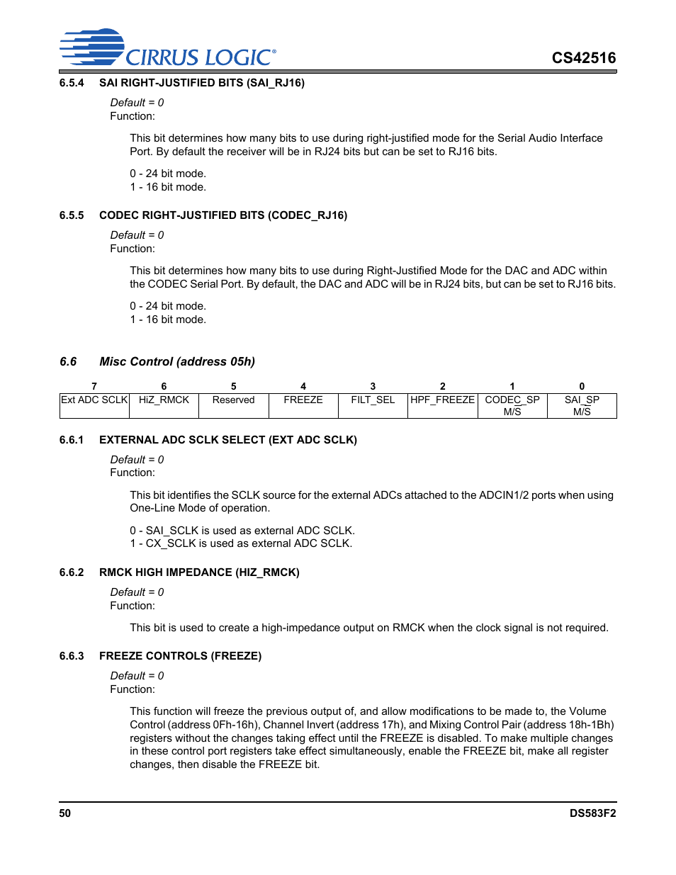 6 misc control (address 05h), Misc control (address, Misc control (address 05h) | Selects | Cirrus Logic CS42516 User Manual | Page 50 / 92