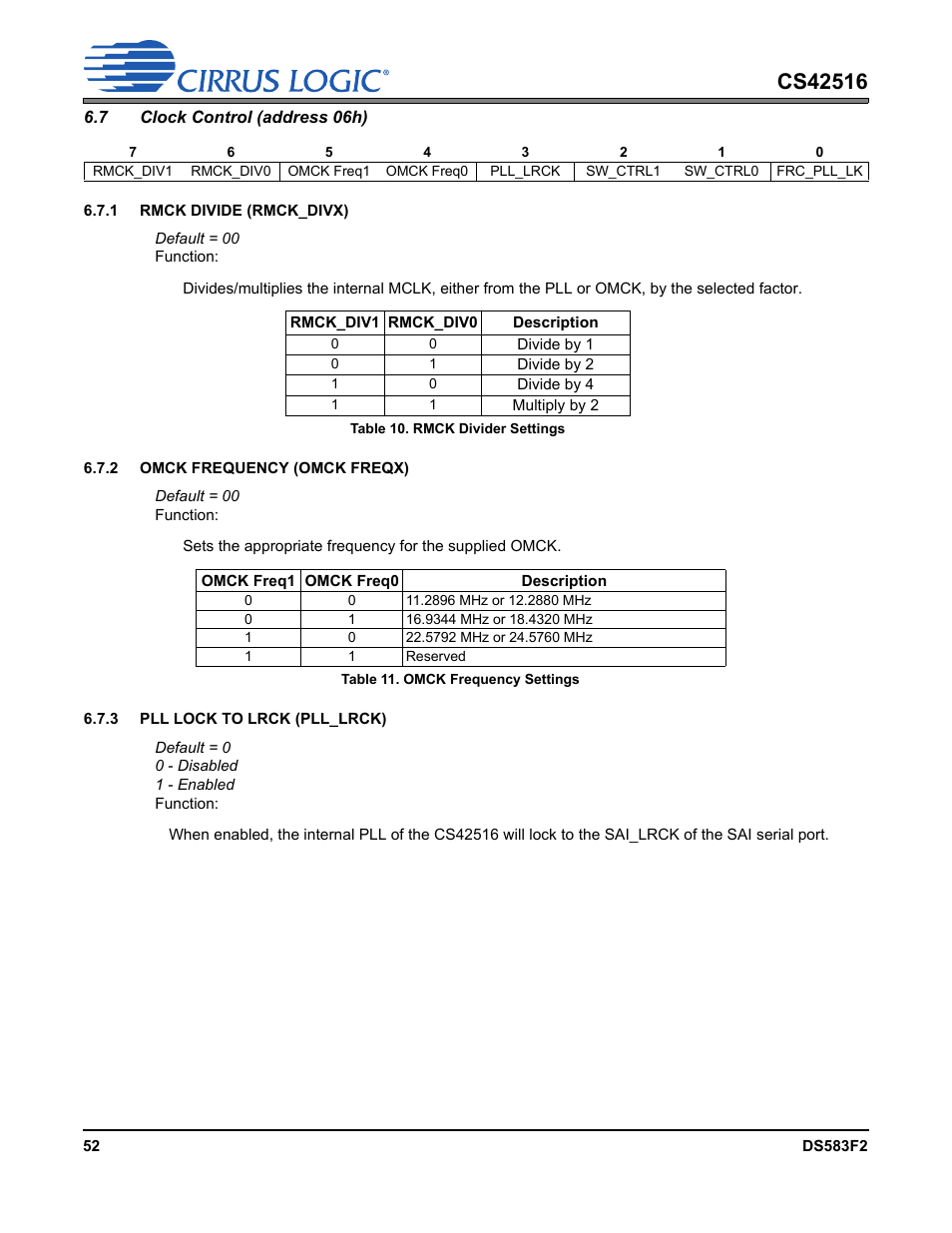 Table 10. rmck divider settings, Table 11. omck frequency settings, 7 clock control (address 06h) | The pll will lock to, Clock con | Cirrus Logic CS42516 User Manual | Page 52 / 92