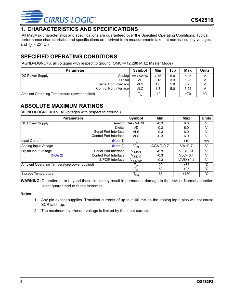 Characteristics and specifications, Specified operating conditions, Absolute maximum ratings | Cirrus Logic CS42516 User Manual | Page 6 / 92