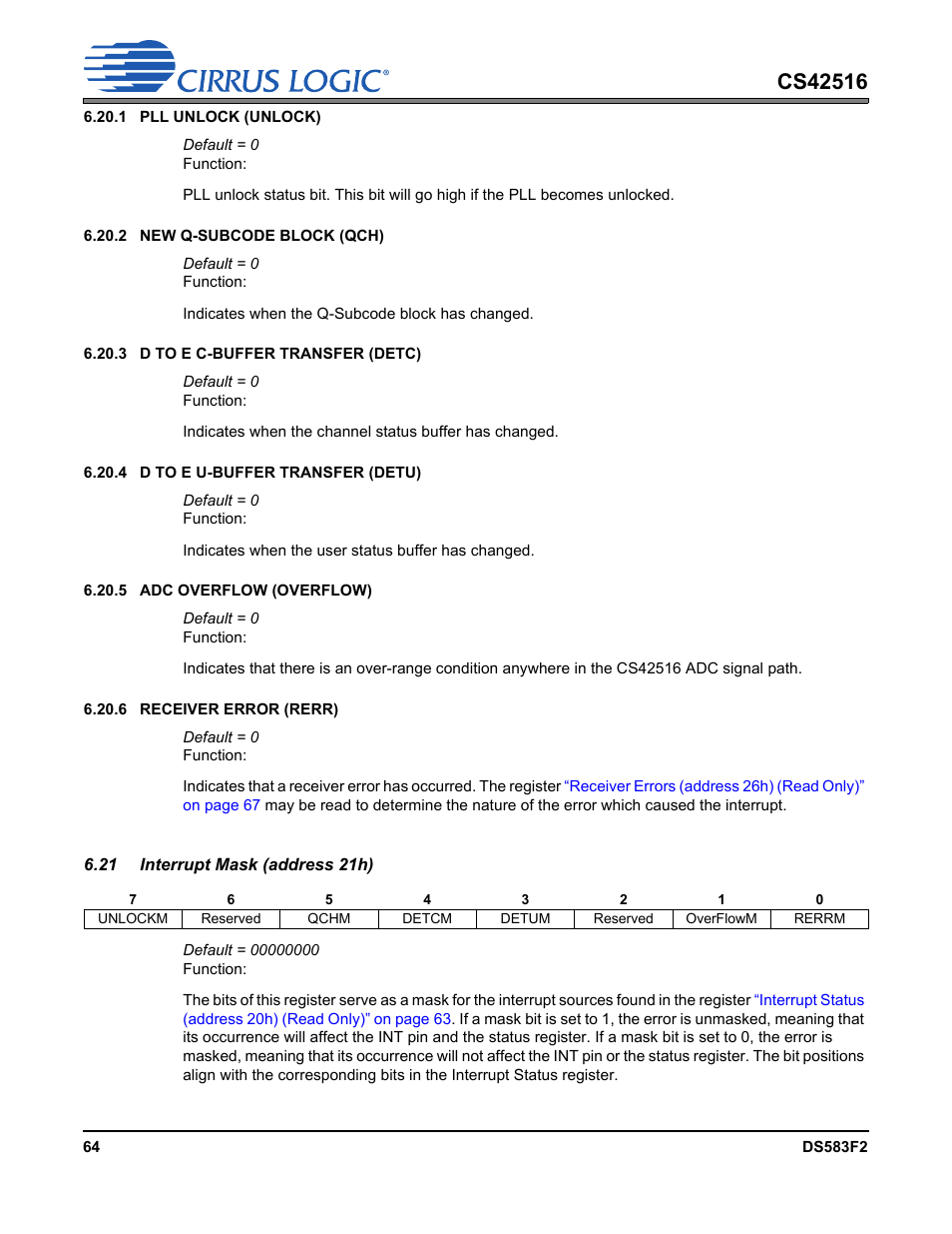 21 interrupt mask (address 21h) | Cirrus Logic CS42516 User Manual | Page 64 / 92