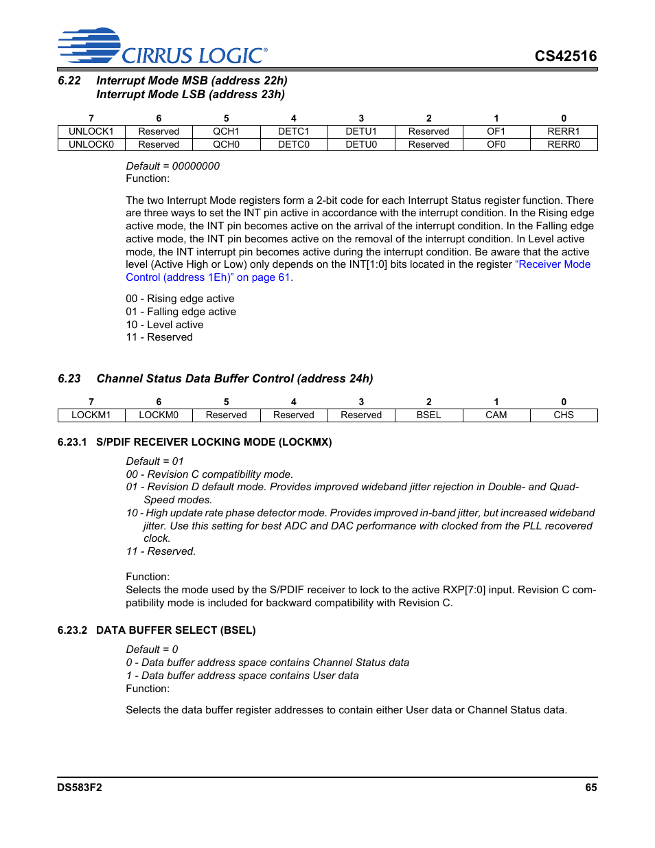 22 interrupt mode msb (address 22h), Interrupt mode lsb (address 23h) | Cirrus Logic CS42516 User Manual | Page 65 / 92