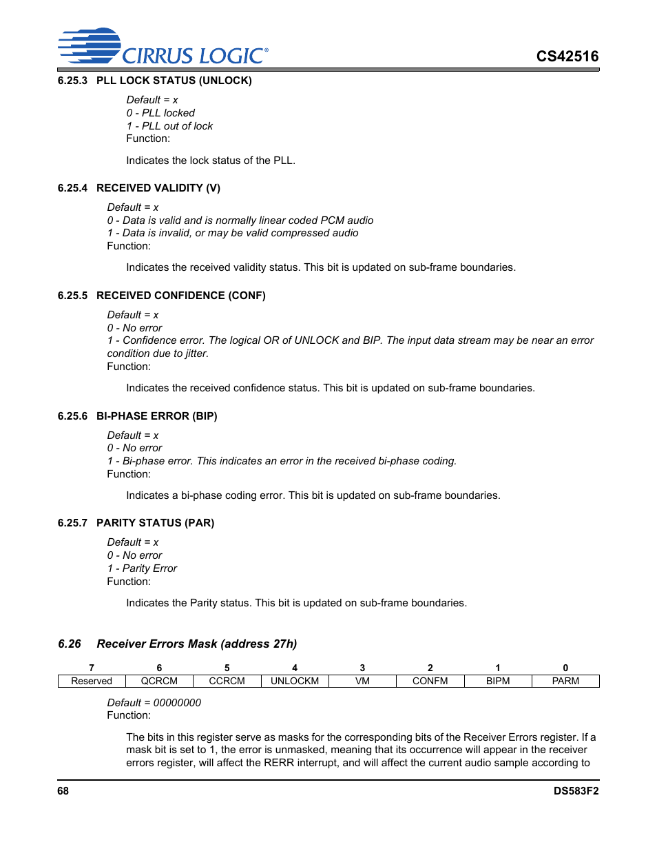 26 receiver errors mask (address 27h) | Cirrus Logic CS42516 User Manual | Page 68 / 92