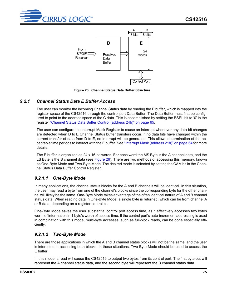 Figure 26. channel status data buffer structure, 1 channel status data e buffer access, 1 one-byte mode 9.2.1.2 two-byte mode | Cirrus Logic CS42516 User Manual | Page 75 / 92