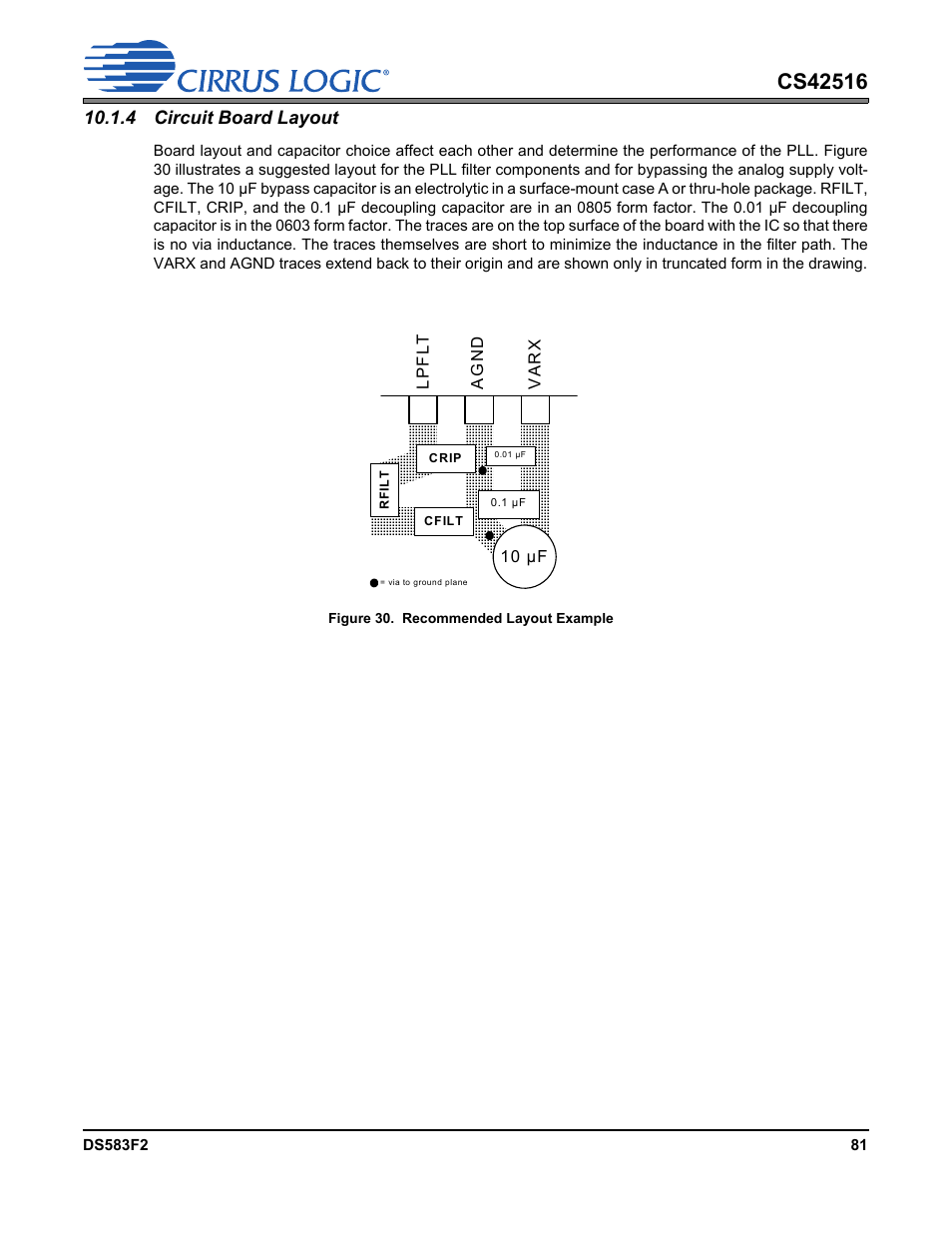 4 circuit board layout, Figure 30. recommended layout example | Cirrus Logic CS42516 User Manual | Page 81 / 92