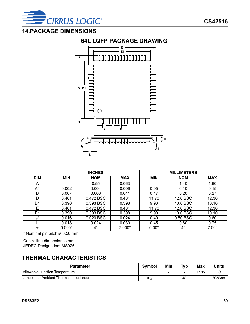 Package dimensions, Thermal characteristics, 64l lqfp package drawing | Cirrus Logic CS42516 User Manual | Page 89 / 92