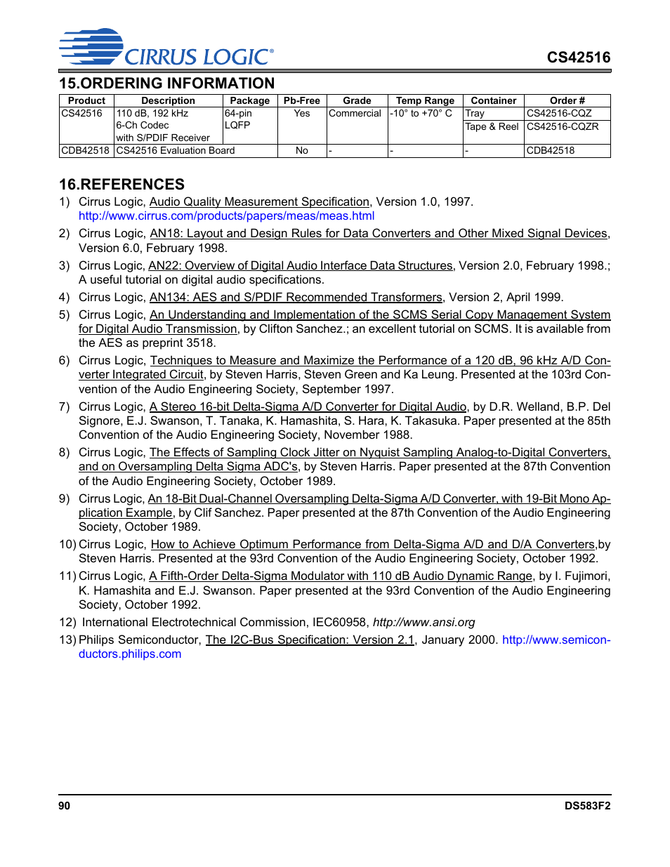 Ordering information, References, Ordering information 16. references | Cirrus Logic CS42516 User Manual | Page 90 / 92
