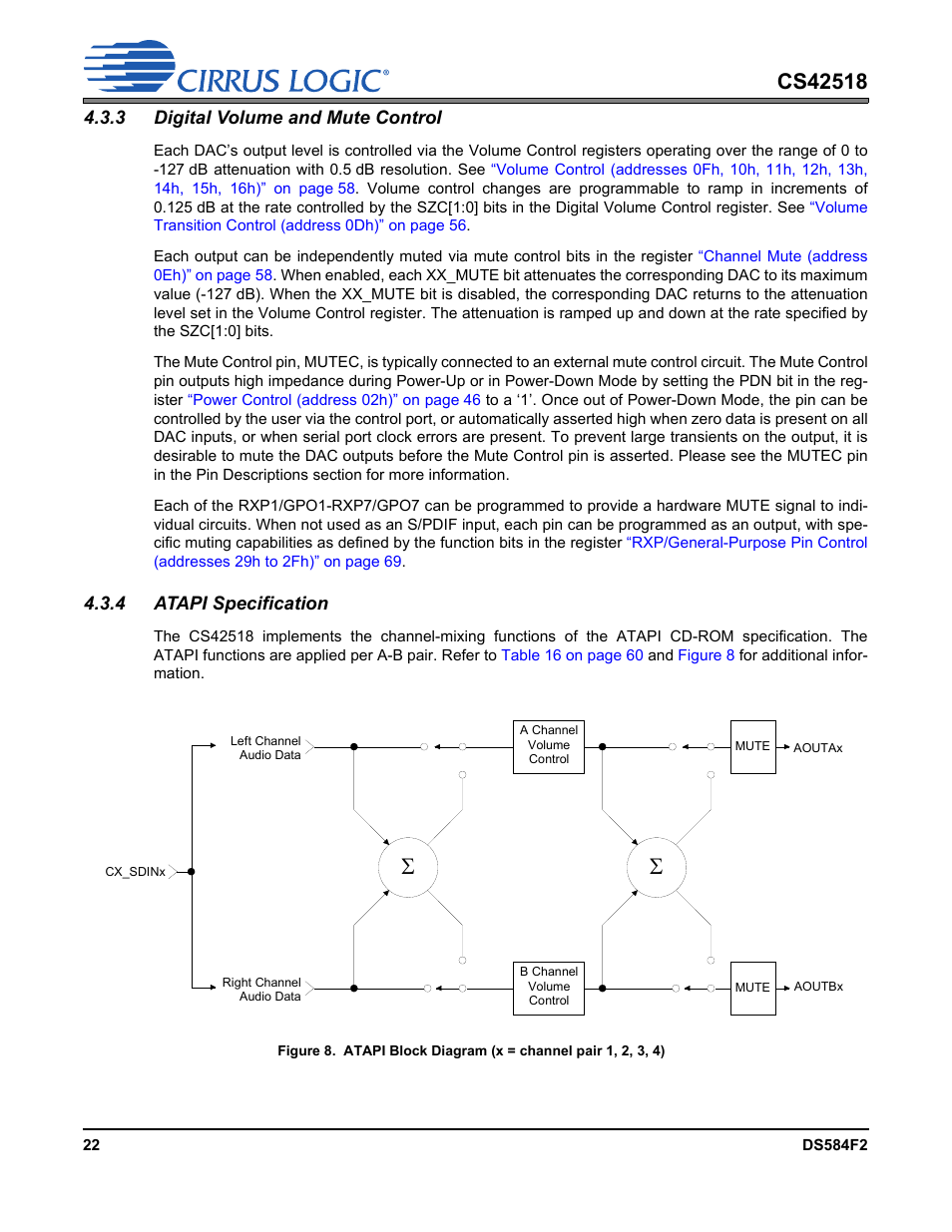 3 digital volume and mute control, 4 atapi specification | Cirrus Logic CS42518 User Manual | Page 22 / 91
