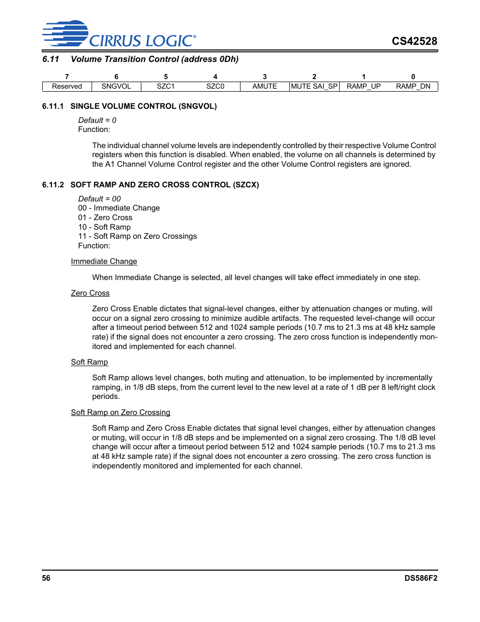 11 volume transition control (address 0dh), Volume | Cirrus Logic CS42528 User Manual | Page 56 / 92
