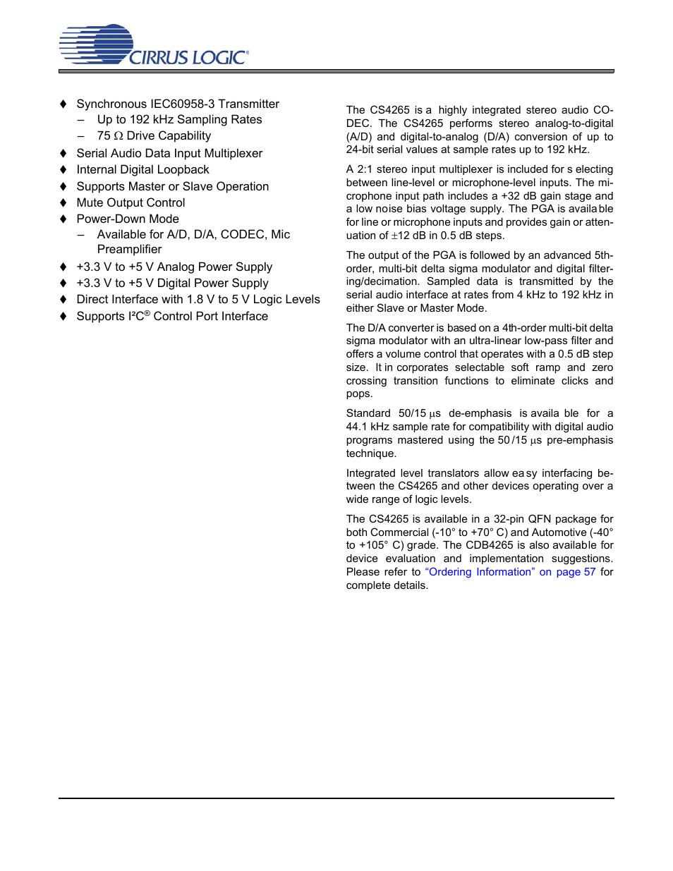 Cs4265, System features, General description | Cirrus Logic CS4265 User Manual | Page 2 / 57