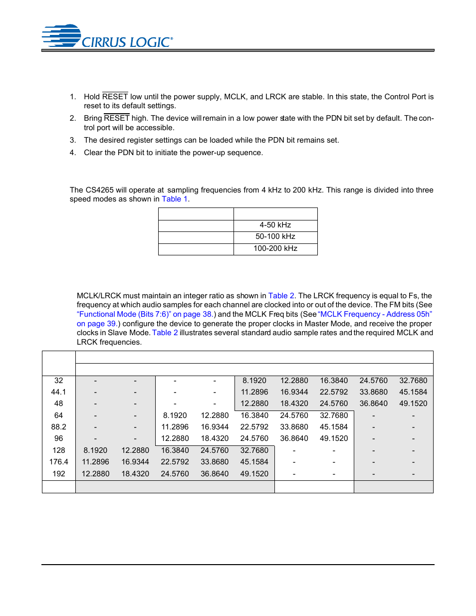 Applications, 1 recommended power-up sequence, 2 system clocking | Table 1. speed modes, 1 master clock, Table 2. common clock frequencies | Cirrus Logic CS4265 User Manual | Page 24 / 57